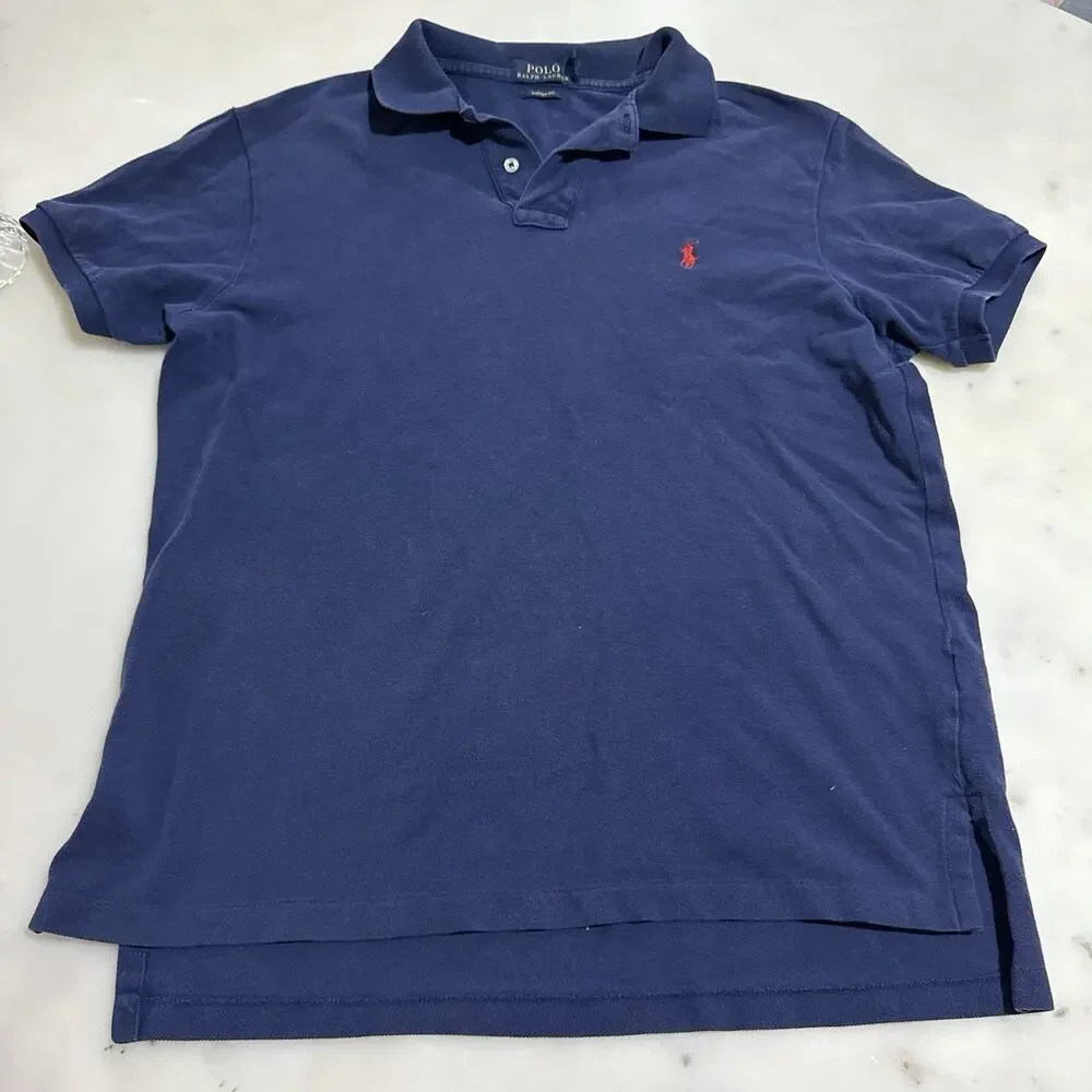 Ralph Lauren Men’s L Polo Shirt 100% Cotton Navy Blue Red Pony Logo Custom Fit